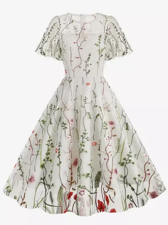 Robe midi fleurie vintage années 1950 pour femme - Robe de bal trapèze à manches courtes volantées en tulle brodé - Idéale pour un mariage d'été 2026