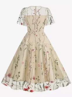 Robe midi fleurie vintage années 1950 pour femme - Robe de bal trapèze à manches courtes volantées en tulle brodé - Idéale pour un mariage d'été 2026