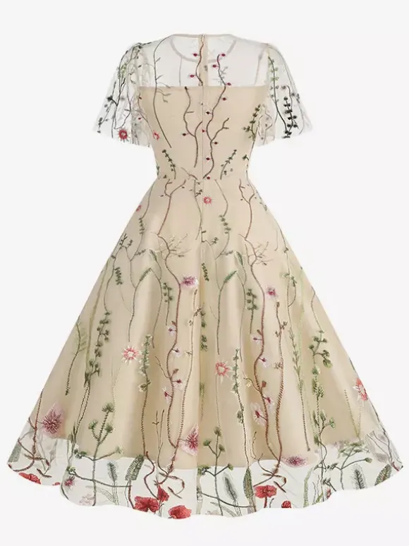 Robe midi fleurie vintage années 1950 pour femme - Robe de bal trapèze à manches courtes volantées en tulle brodé - Idéale pour un mariage d'été 2026