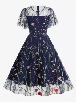Robe midi fleurie vintage années 1950 pour femme - Robe de bal trapèze à manches courtes volantées en tulle brodé - Idéale pour un mariage d'été 2026
