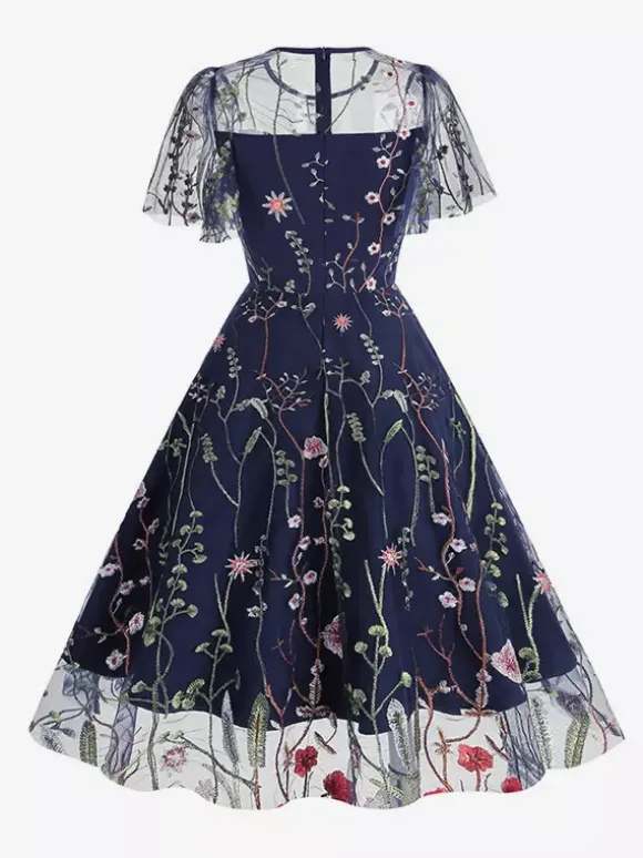 Robe midi fleurie vintage années 1950 pour femme - Robe de bal trapèze à manches courtes volantées en tulle brodé - Idéale pour un mariage d'été 2026