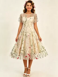 Robe midi fleurie vintage années 1950 pour femme - Robe de bal trapèze à manches courtes volantées en tulle brodé - Idéale pour un mariage d'été 2026