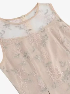Robe midi fleurie vintage années 1950 pour femme - Robe de bal trapèze en tulle brodé et col illusion - Idéale pour un cocktail d'été 2026