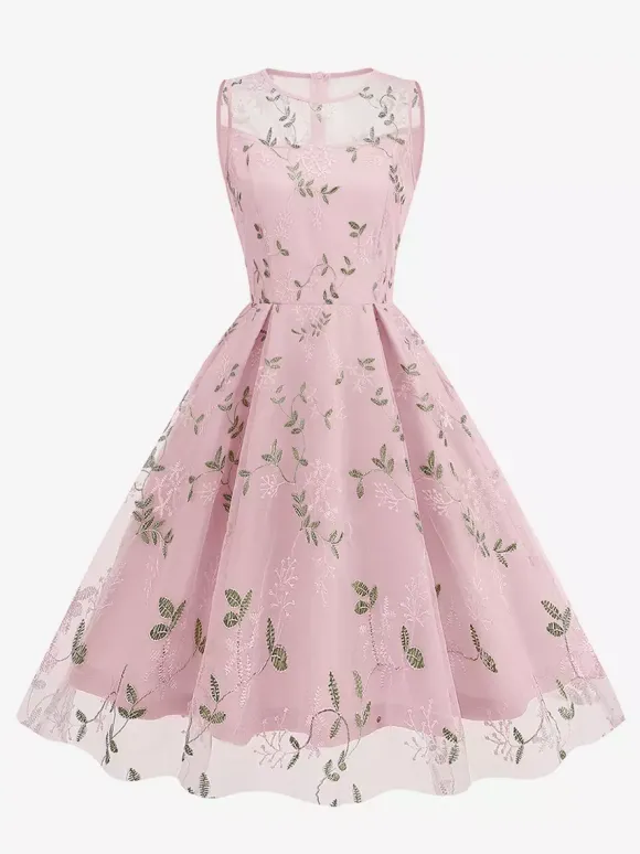 Robe midi fleurie vintage années 1950 pour femme - Robe de bal trapèze en tulle brodé et col illusion - Idéale pour un cocktail d'été 2026