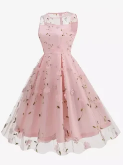 Robe midi fleurie vintage années 1950 pour femme - Robe de bal trapèze en tulle brodé et col illusion - Idéale pour un cocktail d'été 2026