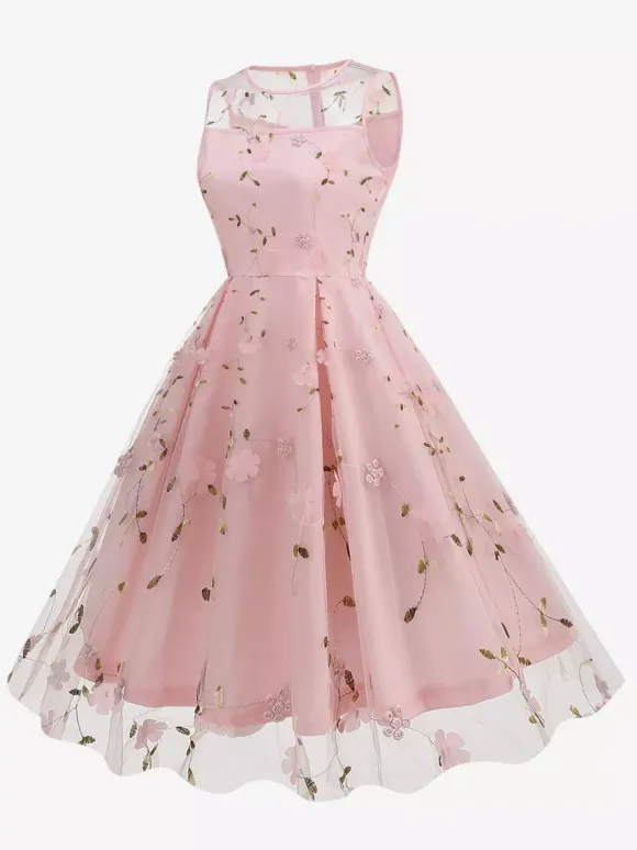 Robe midi fleurie vintage années 1950 pour femme - Robe de bal trapèze en tulle brodé et col illusion - Idéale pour un cocktail d'été 2026