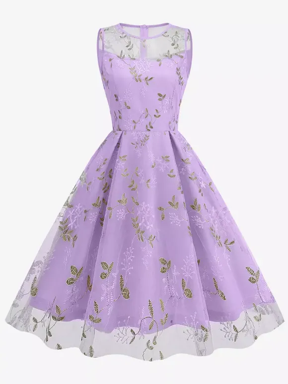 Robe midi fleurie vintage années 1950 pour femme - Robe de bal trapèze en tulle brodé et col illusion - Idéale pour un cocktail d'été 2026
