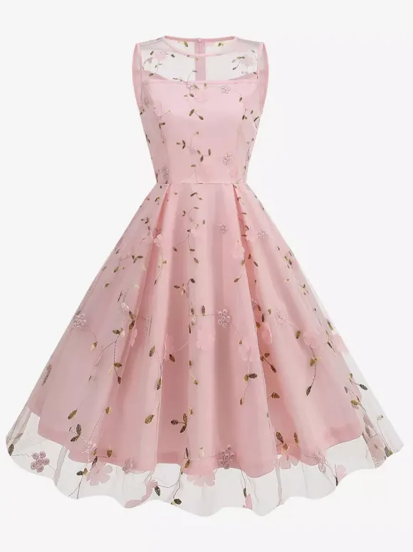 Robe midi fleurie vintage années 1950 pour femme - Robe de bal trapèze en tulle brodé et col illusion - Idéale pour un cocktail d'été 2026