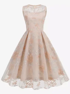 Robe midi fleurie vintage années 1950 pour femme - Robe de bal trapèze en tulle brodé et col illusion - Idéale pour un cocktail d'été 2026