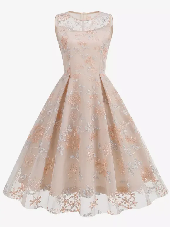 Robe midi fleurie vintage années 1950 pour femme - Robe de bal trapèze en tulle brodé et col illusion - Idéale pour un cocktail d'été 2026