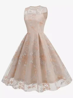 Robe midi fleurie vintage années 1950 pour femme - Robe de bal trapèze en tulle brodé et col illusion - Idéale pour un cocktail d'été 2026