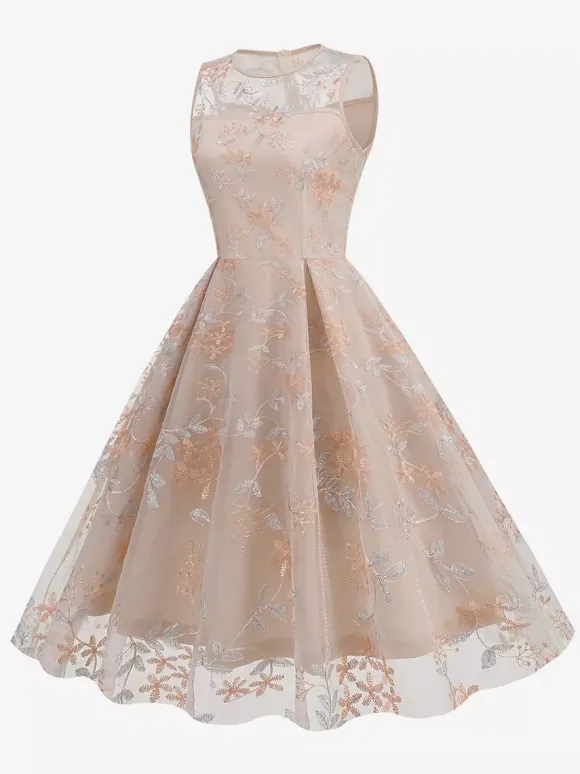 Robe midi fleurie vintage années 1950 pour femme - Robe de bal trapèze en tulle brodé et col illusion - Idéale pour un cocktail d'été 2026