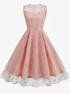 Robe midi fleurie vintage années 1950 pour femme - Robe de bal trapèze en tulle brodé et col illusion - Idéale pour un cocktail d'été 2026