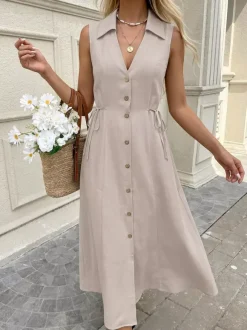 Robe midi kaki sans manches à col en V et boutons sur le devant avec cordon de serrage latéral idéale pour tous les jours.