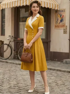 Robe midi élégante à revers rétro et boutons latéraux coupe ajustée et évasée pour femme (collection 2026)