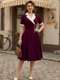 Robe midi élégante à revers rétro et boutons latéraux coupe ajustée et évasée pour femme (collection 2026)