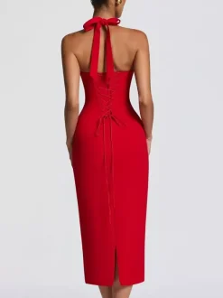 Robe midi moulante à col halter et dos lacé pour femme 2026