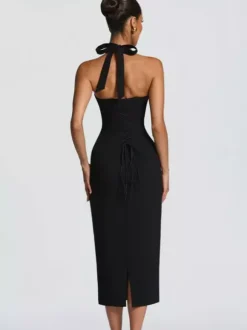 Robe midi moulante à col halter et dos lacé pour femme 2026