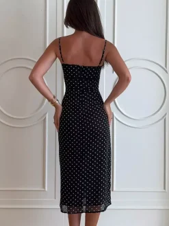 Robe midi noire à pois en polyester sans manches à bretelles et col rond pour femme par Daily Dresses