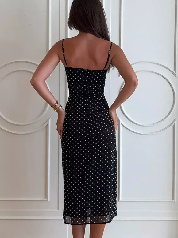 Robe midi noire à pois en polyester sans manches à bretelles et col rond pour femme par Daily Dresses