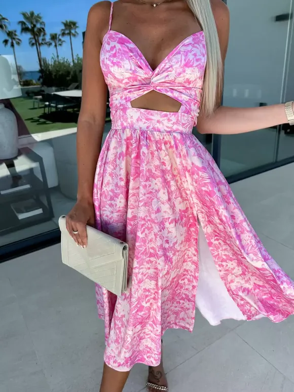 Robe midi nuisette à découpes et torsades pour femme - Robe de cocktail sexy fendue en V - Idéale pour les invités aux mariages d'été 2026