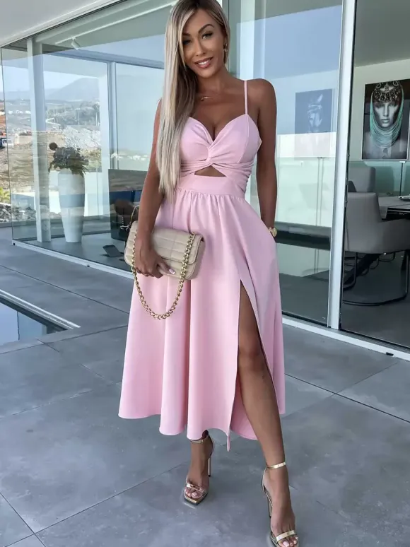 Robe midi nuisette à découpes et torsades pour femme - Robe de cocktail sexy fendue en V - Idéale pour les invités aux mariages d'été 2026