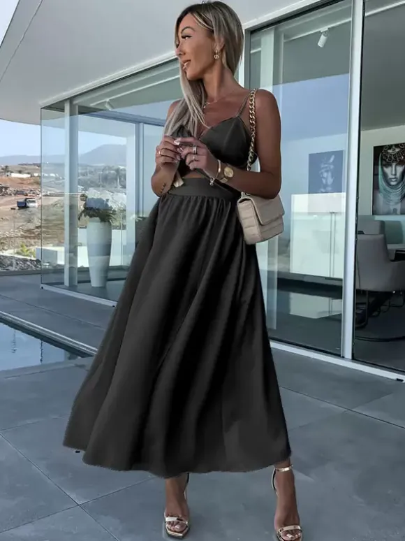Robe midi nuisette à découpes et torsades pour femme - Robe de cocktail sexy fendue en V - Idéale pour les invités aux mariages d'été 2026
