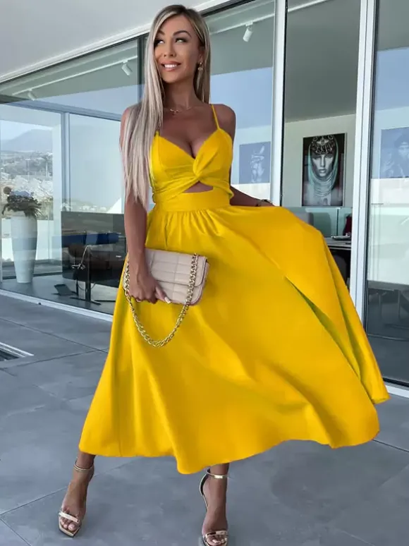 Robe midi nuisette à découpes et torsades pour femme - Robe de cocktail sexy fendue en V - Idéale pour les invités aux mariages d'été 2026