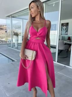 Robe midi nuisette à découpes et torsades pour femme - Robe de cocktail sexy fendue en V - Idéale pour les invités aux mariages d'été 2026