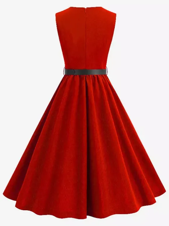 Robe midi rouge vintage chic cintrée à la taille