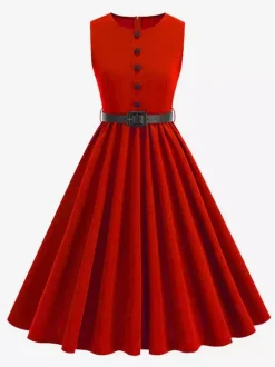 Robe midi rouge vintage chic cintrée à la taille