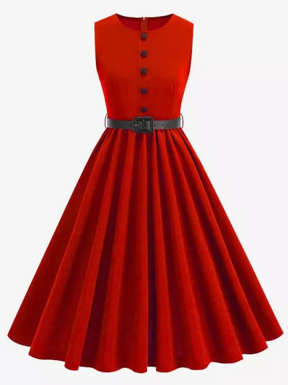Robe midi rouge vintage chic cintrée à la taille