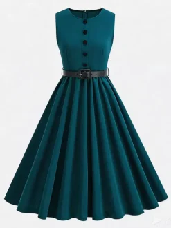 Robe midi rouge vintage chic cintrée à la taille