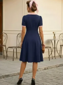 Robe midi rétro à revers contrastés et boutons coupe évasée pour femme 2026