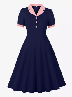Robe midi rétro à revers contrastés et boutons coupe évasée pour femme 2026
