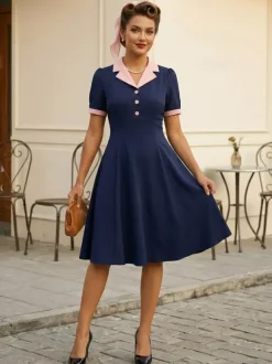 Robe midi rétro à revers contrastés et boutons coupe évasée pour femme 2026