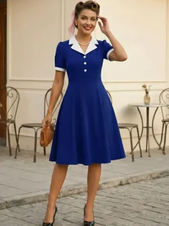Robe midi rétro à revers contrastés et boutons coupe évasée pour femme 2026