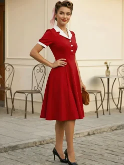 Robe midi rétro à revers contrastés et boutons coupe évasée pour femme 2026