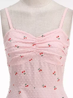 Robe midi trapèze à imprimé cerises rose dos nu pour femme douce d'été