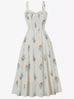 Robe midi trapèze sans manches à imprimé floral et buste froncé pour femme 2026