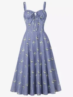 Robe midi trapèze sans manches à imprimé floral et buste froncé pour femme 2026