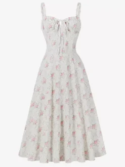 Robe midi trapèze sans manches à imprimé floral et buste froncé pour femme 2026
