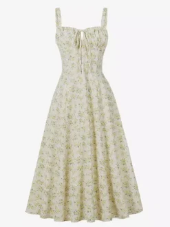 Robe midi trapèze sans manches à imprimé floral et buste froncé pour femme 2026