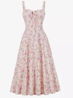 Robe midi trapèze sans manches à imprimé floral et buste froncé pour femme 2026