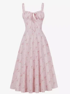 Robe midi trapèze sans manches à imprimé floral et buste froncé pour femme 2026