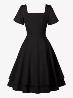 Robe midi vintage noire à col carré pour l'été 2026