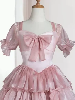 Robe Mignonne Lolita OP Polyester Manches Courtes Volants Robe Lolita Rose Une Pièce