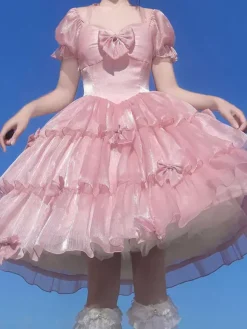 Robe Mignonne Lolita OP Polyester Manches Courtes Volants Robe Lolita Rose Une Pièce
