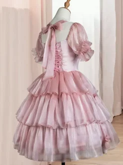Robe Mignonne Lolita OP Polyester Manches Courtes Volants Robe Lolita Rose Une Pièce