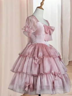 Robe Mignonne Lolita OP Polyester Manches Courtes Volants Robe Lolita Rose Une Pièce